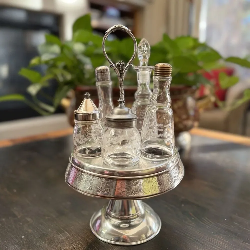 Antique Meriden Cruet Set Silver Plate Rotating Castor 5 Bottle Condiment Oil